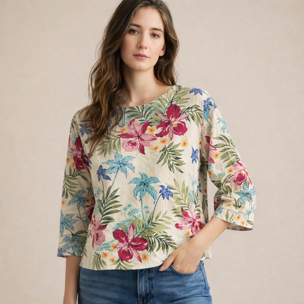 Hot Cotton Floral Blouse with Red and Blue Accents